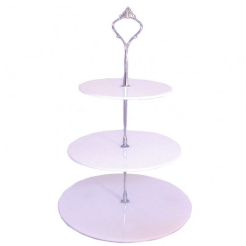 Super Cool Creations Three Tier White Circle Cake Stands- Large & Silver Handle