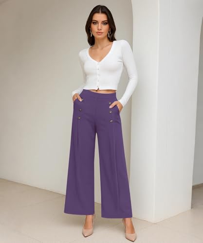 Womens Elastic High Waisted Wide Leg Pants Loose Casual Long Palazzo Trousers with Button Decor and Pockets2