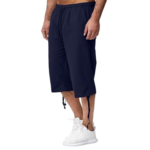 Mens Summer Linen Capri Pants Baggy Wide Leg Capris Pants Elastic Waist Oversized Lightweight Pocket Lounge Crop Pant4