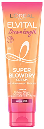 Elvital Dream length Super Blowdry Cream Protección contra el calor para cabello largo y dañado, Tratamiento capilar sin aclarado contra las puntas abiertas, Anti encrespamiento y Anti