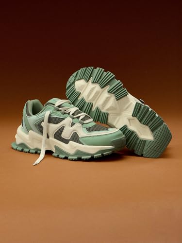 Image of The Souled Store Fumes NX: Sage Men and Boys Low Top Sneakers Green and Off White Streetwear Chunky Trainer Breathable Mesh Cushioned Midsole Durable Sole Lace Up Lightweight Padded Collar