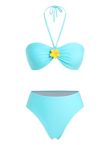 Image of ZAFUL Womens 3pcs Bikini Swimsuits Bandeau 3 Piece Swimwear High Cut Bikini Sets with Long Sheer Coverup Dress