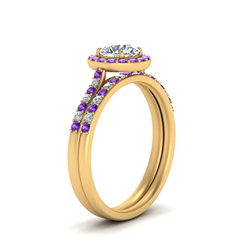 Image of Choose Your Gemstone Round Halo Ring with Matching Pave Band Yellow Gold Plated Round Shape Wedding Ring Sets Everyday Jewelry Wedding Jewelry Handmade Gifts for Wife US Size 4 to 12