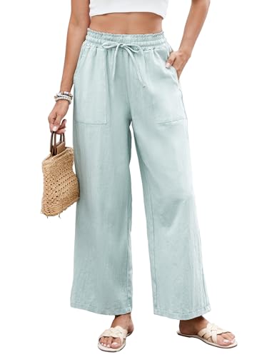HAPYWER Leinenhose Damen Weites Bein Sommerhose Leichte Strandhose Palazzo Hose Lang Stoffhose High Waist mit Gummizug Palazzo Strandhose mit Taschen(HellGrün,XL)