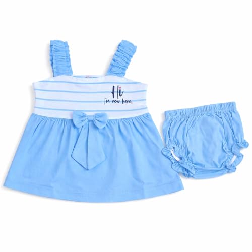 Image of Baby Girls Frock Dress with Bloomer Set | Short Sleeve Polka Dot Inner Layer & Bow Detail Special for 0-6 Months