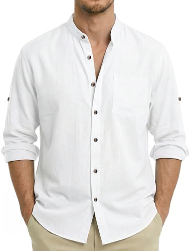 Enlision Chemise Homme Lin Blanc Manches Longues Col Mao Chemise Été Hommes Coton Leger Respirant...