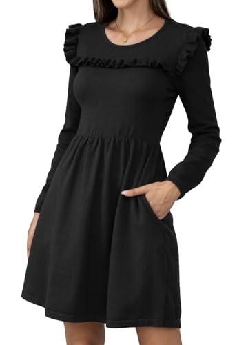Jayscreate Women's Winter Sweater Baby Doll Dress Pockets Ruffle Shoulder 2025 Long Sleeve Business Casual Work Dress