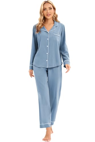 Image of LUBOT 100% Cotton Pajamas for Women Pajama Set Soft 2 Piece Sleepwear PJ Set Long Sleeve Button Knit Cozy Loungewear XS-XXL