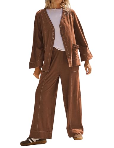 Gozoloma Womens Fall 2 Piece Set Long Sleeve Open Tops & Straight Leg Pants Contrast Stitching Lounge Set with Pockets(Brown-L)