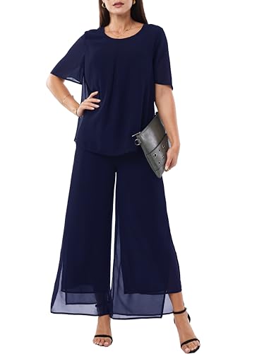 Women's 2 Piece Chiffon Sets Outfits Flowy Ruffle Layers Casual Dressy Wedding Guest Pant Suits