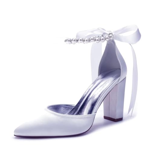 Image of Pearl Wedding Shoes for Bride Chunky Heel Poined Toe Wedding Block Heels Prom Evening Pumps