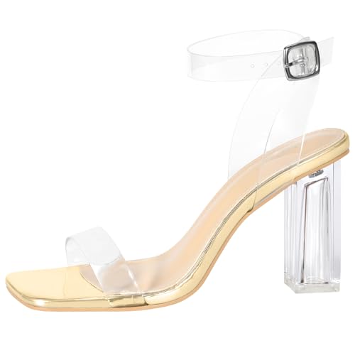 Image of Women's Clear Chunky Block Heeled Sandals 3.74 Inches Open Toe Ankle Strap Block High Heel Sandal Dress Dancing Sandals Daily Work Party Shoes