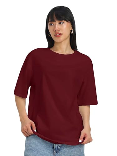 Image of JUNEBERRY Pure Cotton Oversized Baggy Fit Half Sleeve Drop Shoulder Plain Solid Round Neck T-Shirt for Women (Available in Black, White, Lilac, Cork, Maroon, Royal Blue, Swan White, Soap Nut Colors)
