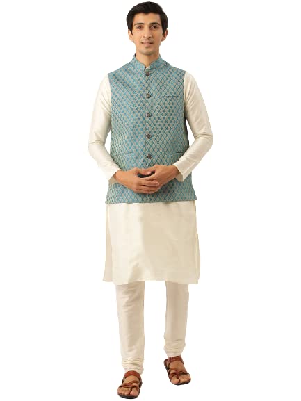 Image of SOJANYA (Since 1958 Men's Silk Blend Off White Kurta Pyjama & Maroon Self Design Nehru Jacket Combo