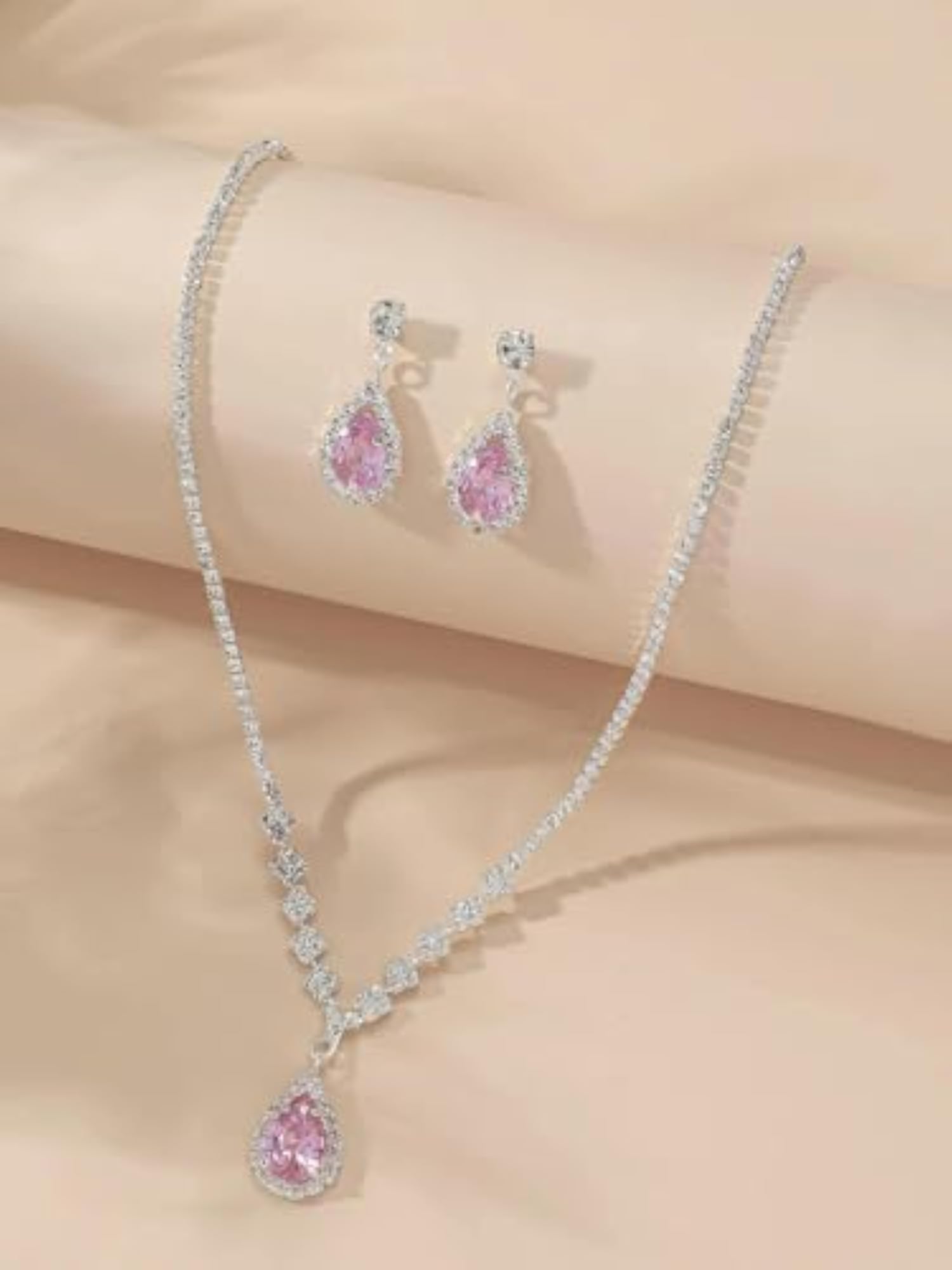Crystal Zircon Necklace and Earrings Set, Teardrop Pendant
