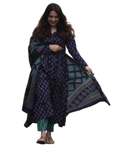 Image of ANNI Designer Women's Rayon Viscose Anarkali Kurta Set with Pant and Dupatta | Stylish Long Kurti Dress for Festive, Party, and Ethnic Wear