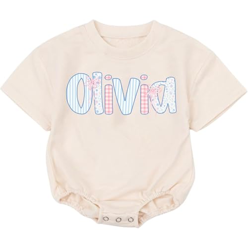 Preppy Retro Floral Personalized Bubble Romper, Custom Name Coquette Bow Outfit, Hand Drawn Style Romper, For Baby Boys, Girls