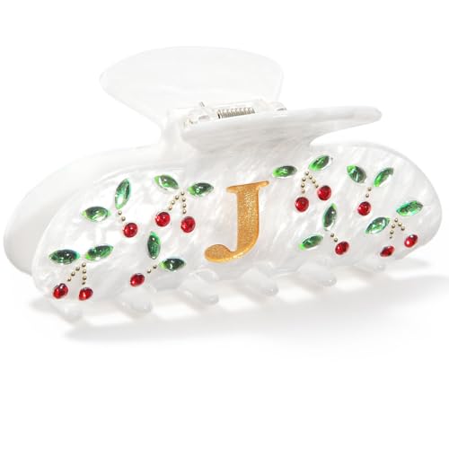 Image of CHLINS Initial Cherry Hair Clips for Women Girls - Cute Glitter Monogram Claw Clips with Rhinestone Cherry Print Hair Accessories, Ideal Birthday Bridesmaid Gifts for Teens Girls, Letter J