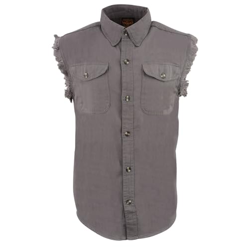 Image of Milwaukee Leather DM4009 Men's Sand Lightweight Denim Shirt with with Frayed Cut Off Sleeveless Look