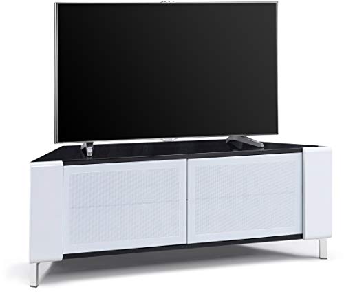 MDA Designs Corvusu00ae Cabinet d'angle contemporain Brillant Noir Avec profilés Blancs Portes en verre BeamThru Convient aux téléviseurs à écran plat jusqu'à 50 u0094