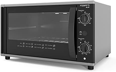 Forno elétrico Fogatti Top 48L preto com a porta fechada, mostrando os botões de controle de temperatura e tempo.