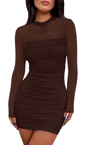 WIHOLL Women's Mesh Sheer Long Sleeve Ruched Mini Dress Fall Sexy Bodycon Little Short Mock Neck New Years Eve Cocktail Party Club Dresses 2025 Fall Outfits Plus Size Brown XL