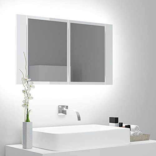 Iiaky Armario Espejo de baño LED Espejo baño con luz y estantes Mueble baño Colgar Armario de baño con Espejo acrílico Blanco Brillo 80x12x45 cm
