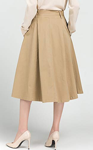 GGUHHU Womens Classic Belted High Waist Twill Cotton A-Line Midi Skirts with Pockets2