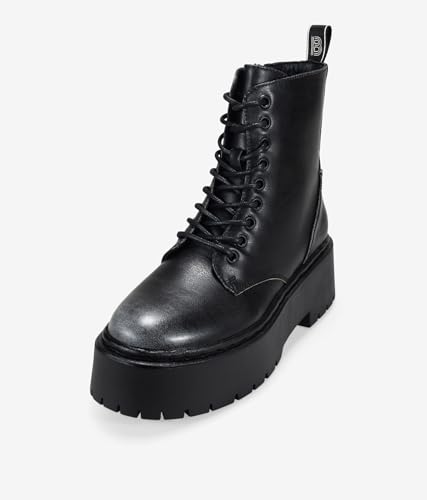 BOSANOVA Schwarze Militärstiefel für Damen, Punk-Stil, mit vertikaler Schnürung und gezackter Plattformsohle, 4,5 cm, Reißverschluss innen, Damenschuhe, Schwarz, Größe 38