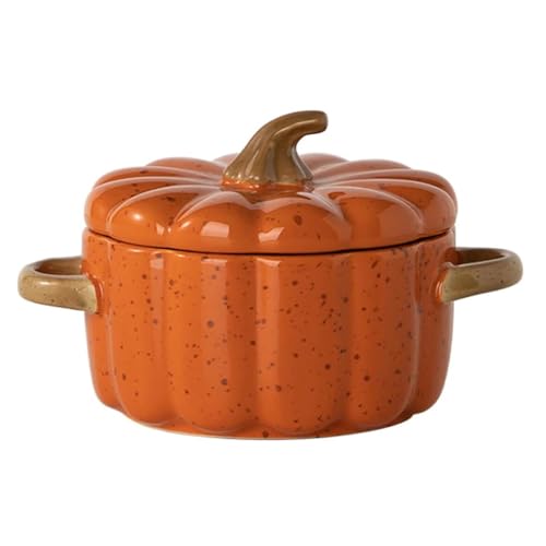 Juego de cuencos de calabaza con tapa y asa, cazuela de cerámica cubierta, olla holandesa de cerámica, mini fuente for hornear, cazuela for Acción de Gracias, repostería, Halloween