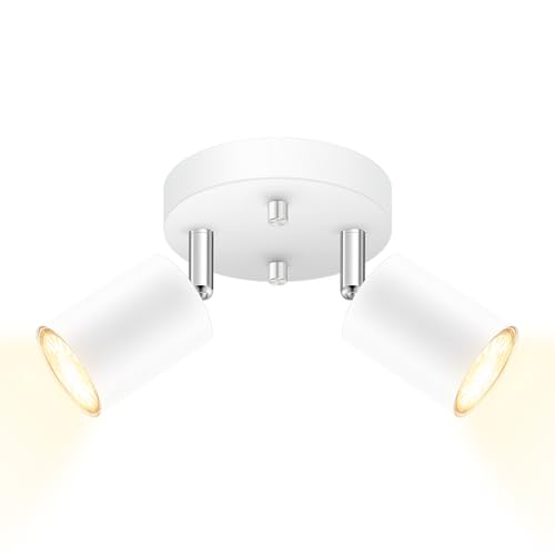 AUQUEE LED 2 Light Track Lighting Kit, LED Track Lighting Fixtures, White Round Ceiling Spot Lighting, Flexibly Rotatable Light Head for Kitchen, Living Room, Bedroom, GU10 Bulb Not Included