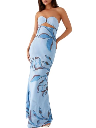 Image of Women Y2k Strapless Maxi Dress Floral Print Tube Long Dress Boho Beach Sundress Going Out Streetwear