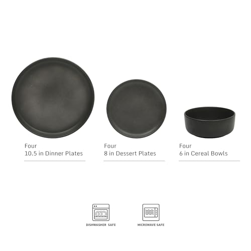 Image of Gibson Elite Pasco 12 Piece (Service for 4) Plates and Bowls Reactive Glaze Dishes Stoneware Ceramic Dinnerware Set - Black