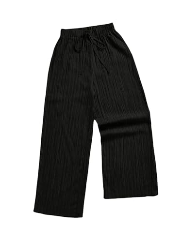 WDIRARA Women's Textured Drawstring Waist Wide Leg Pants Loose Palazzo Pants