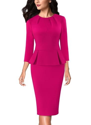Image of VFSHOW Womens Pleated Crew Neck Peplum Slim Work Business Dress Elegant 3 /4 Sleeves Office Church Bodycon Pencil Sheath Dress