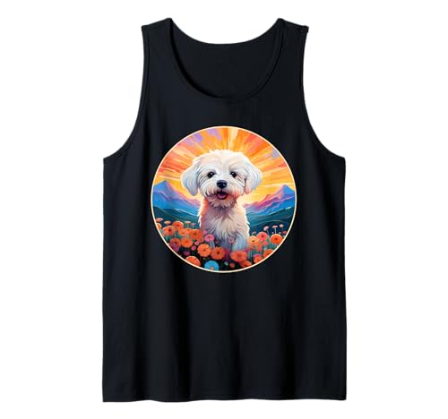Il cane bolognese sembra super carino incorniciato da colorati fiori primaverili, montagne e un tramonto mozzafiato. Un divertente tocco di colore per gli amanti dei cani e della natura. Per donne, uomini e bambini.