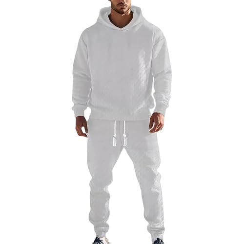 amropi Homme Ensemble de Survêtement Jacquard Pull Sweat à Capuche et Jogging Pantalon Vêtements de Sport Blanc, XL