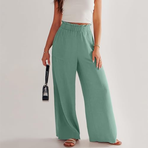 Linen Pants Women Summer Casual Loose Elastic High Waisted Wide Leg Pants with Pockets Boho Beach Straight Leg Trousers4