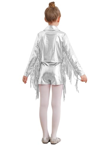 Linjinx Kids Girls Shiny Metallic Tassel Long Sleeve Jacket Coat Sweatshirt Outerwear and Dance Shorts 2 Piece Set2