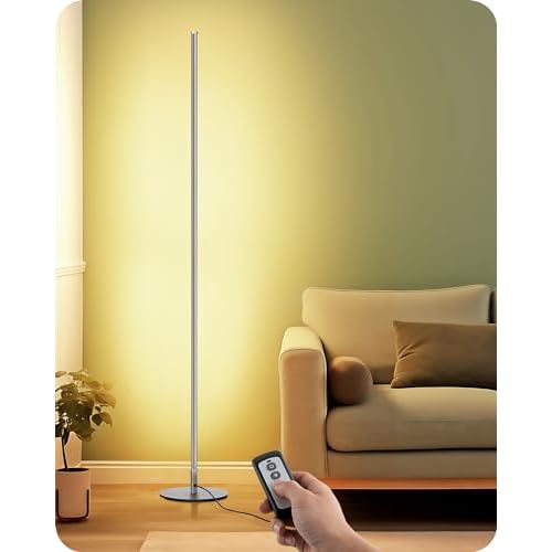 EDISHINE Wood Floor Lamp, Upgraded Dual-Sided Lighting, Minimalist Floor Lamps for Living Room, Corner Floor Lamp with Remote/Foot Control, 7CCT & Dimmable Corner Lamp for Bedroom, Office, W