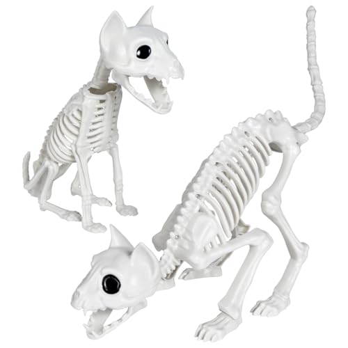 Gonioa 2 Pcs Skeleton Cat Halloween Decoration, Spooky Cat Skeleton, Kitten Skeleton Plastic Animal Skeletons Bones with Posable Joints, Creepy Animal Bones for Haunted House Halloween Decor Props