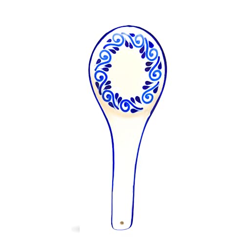 White Spoon Rest - Hand Painted Ceramic Talavera Kitchen Utensil Holder for Counter Stove Top - Made in Mexico Ladle Rest - Dishwasher Safe - Mexican Style - Porta Cucharas White - Flores Circulares