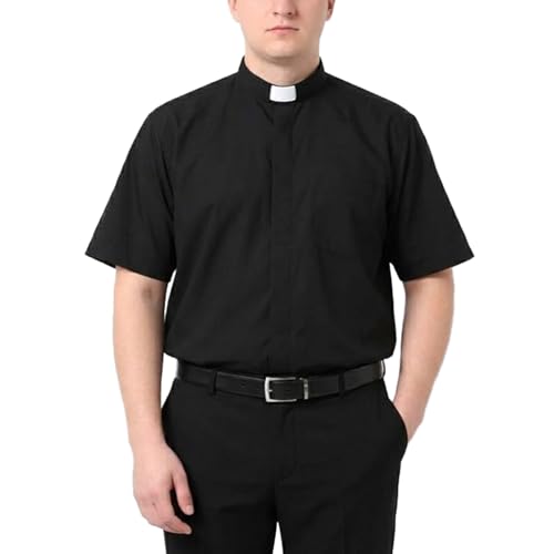 SANSHIWU Mens Short Sleeve Tab Collar Clergy Shirt Cotton Regular Fit Minister Shirt with Two Removable Collar Tabs Black