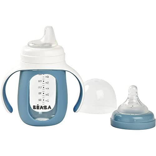 BÉABA, Tasse/Biberon d'apprentissage 2 en 1, En Verre, Housse Silicone, Solide, Sain, 100% Etanche, Poignées amovibles, 210ml, Bleu