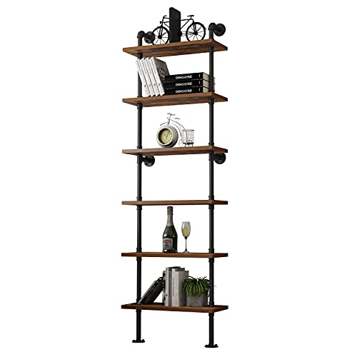 Industrial Pipe Shelf Rustic Wood Wall Shelf Ladder Bookshelf Wall Mounted Storage Decor Shelf for Home, Office, Living Room(6-Tier)-Black
