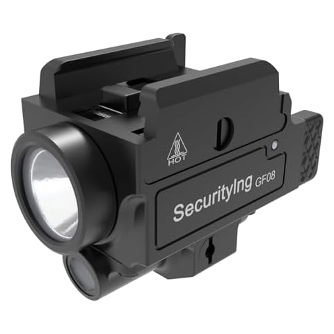 SecurityIng 800 Lumens Pistol Light Laser Combo, Adjustable Rail Mounted Flashlight with Green Beam, Compact Strobe Weapon Light, Rechargeable Tactical Gun Light for Handgun Picatinny Glock Rails Cover