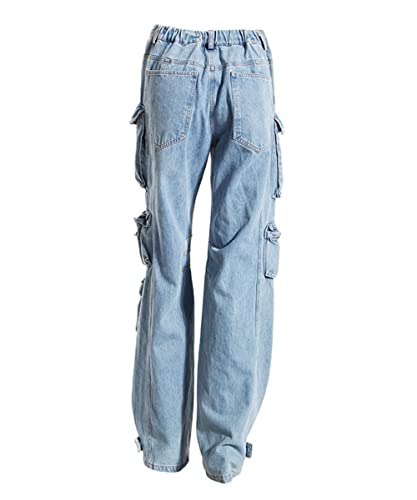 Women's Denim Cargo Pants High Waist Baggy Flap Pockets Wide Leg Cargo Jeans Streetwear2