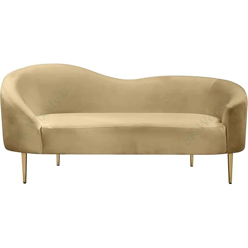 Image of Rosewood Luxury Curved Sofa in Premium Velvet-Fabric | Solid Wood Structure | High Density Foam | Sturdy Golden Legs | Comfortable & Stylish Couch for Modern Living Room (Camel, 2 Seater)