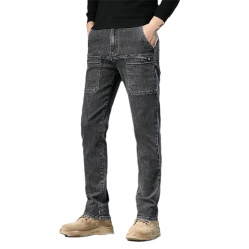 Men's Pocket Design Denim Jeans High Elasticity Straight Leg Casual Trousers Fashion Mid Waist Pants