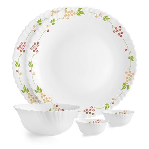 Image of CELLO Secret Garden Dazzle Series Opalware Dinner Set of 5 Pieces for Family of 2 | Bone-Ash Free & Leadfree Opal Glass, Microwave & Dishwasher Safe, Plates & Bowls Crockery Set for Dining & Gifting